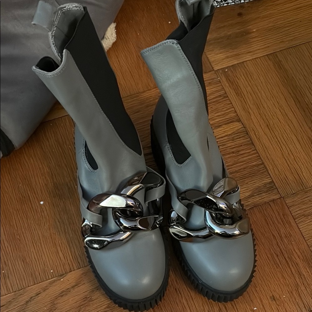 Gray Ankle Boots with Silver Chain Detail